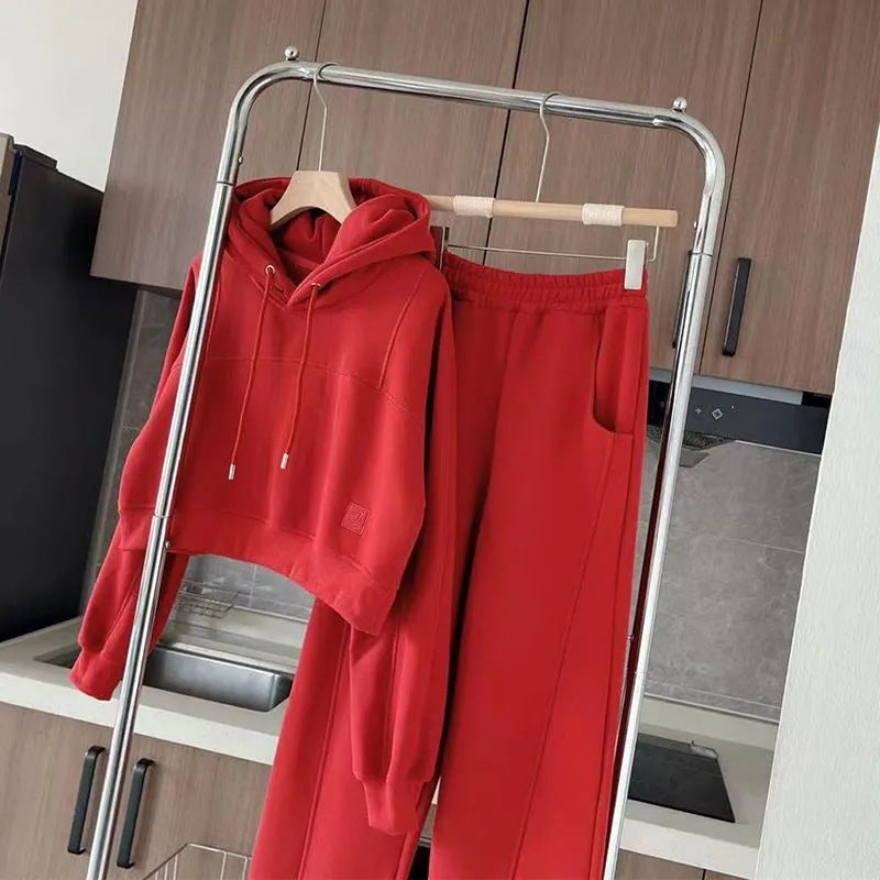Fashionable Stylish Fleece-lined Thickened Hooded Sweatshirt Sweatpants Two-piece Set