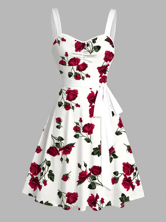 Vintage Rose Print Midi Dress With Belt