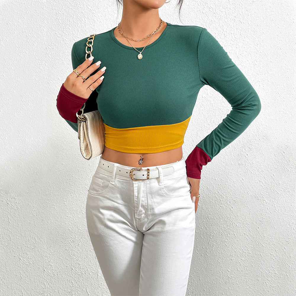 Slim Fit O-neck Short Stitching Long Sleeve T-shirt
