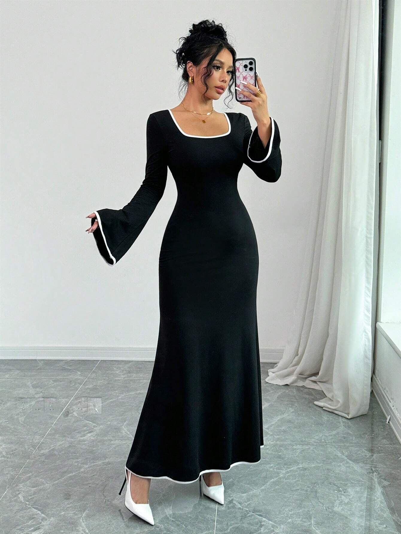 Temperament Square Neckline Famous Style Color Block Slim And Elegant Dress