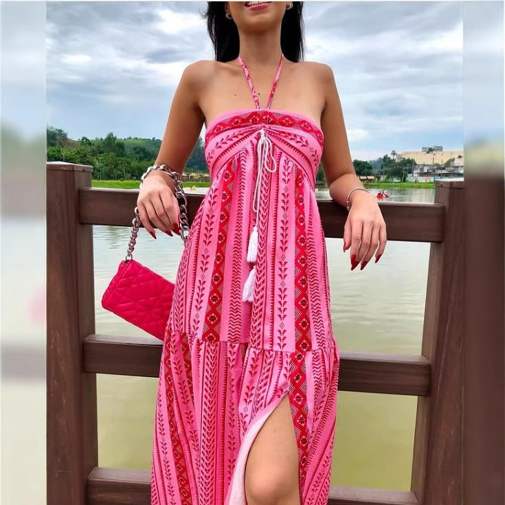 Split Printed Lace-up Tube Top Dress
