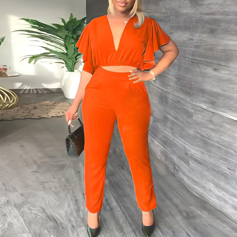 Women's Fashion Deep V Midriff-baring Top Straight-leg Trousers Casual Two-piece Suit