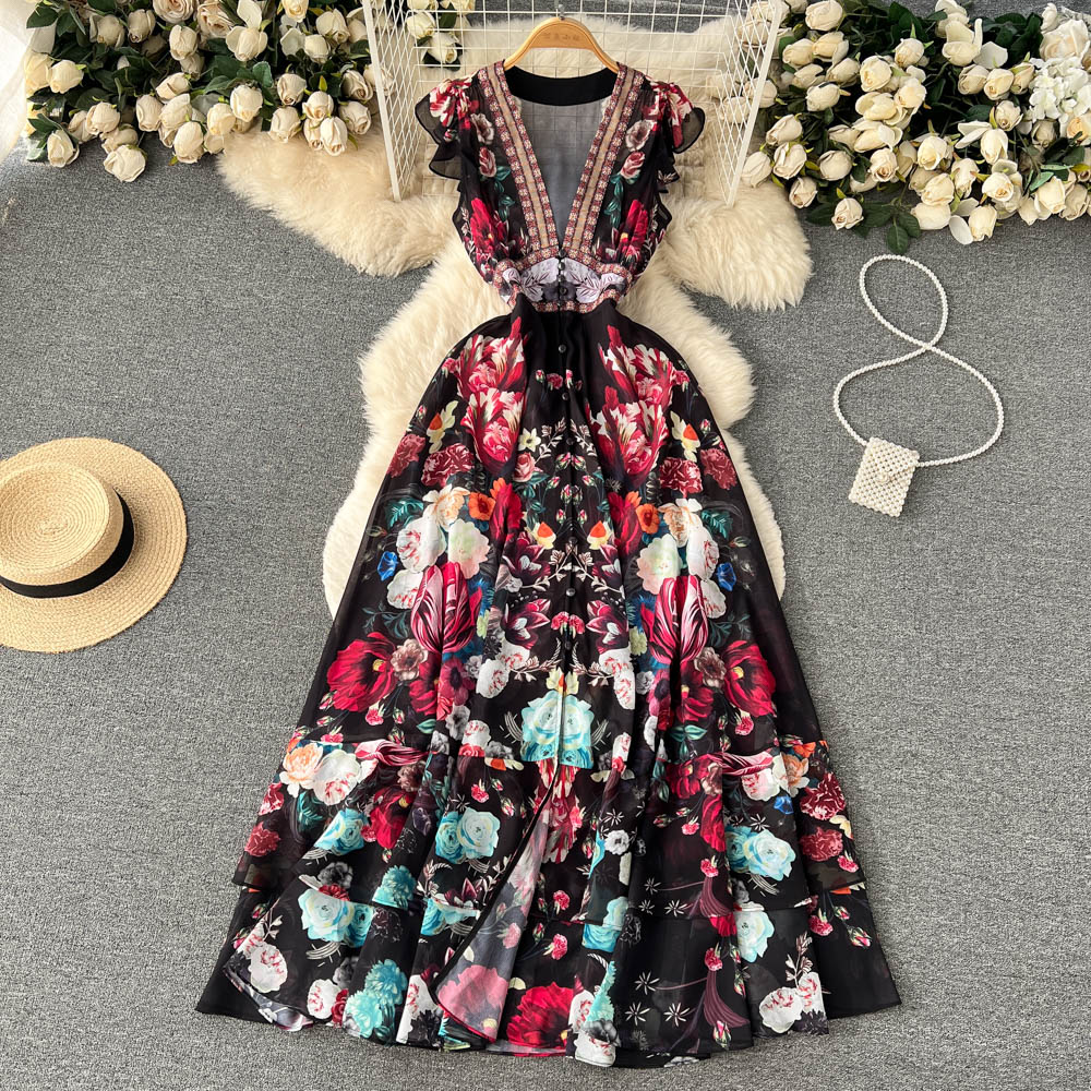 Women's Deep V-neck Lantern Sleeve Wavy Hem Wide Hem Printed Long Dress