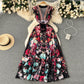 Women's Deep V-neck Lantern Sleeve Wavy Hem Wide Hem Printed Long Dress