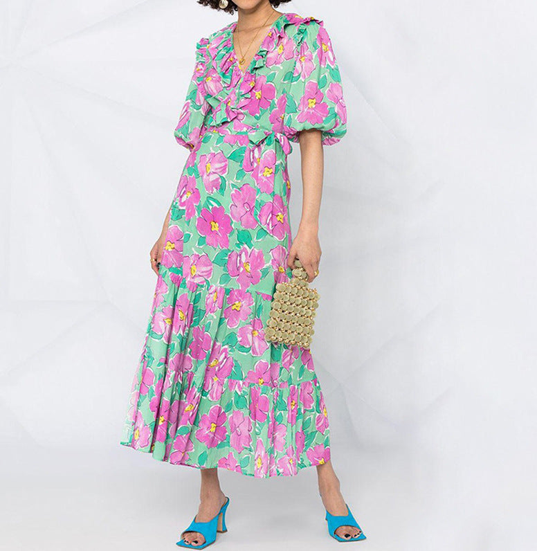 Vintage Floral Print V Neck Ruffle Balloon Sleeve Resort Wrap Tie Dress