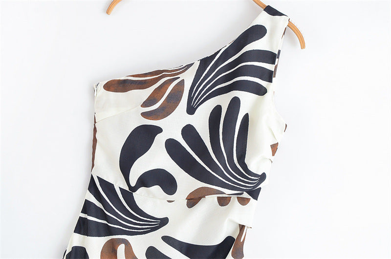 Irregular Oblique Shoulder Leaf Print Sleeveless Dress