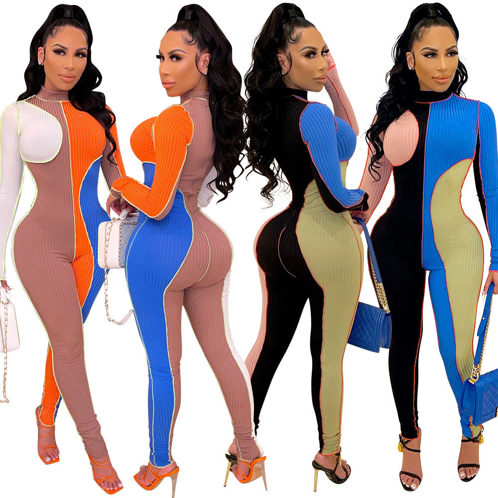 Threaded Color Block Long Sleeve Slim Jumpsuit