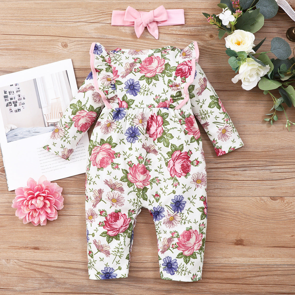 Girls' Long-sleeved Ruffled Printed One-piece Romper Hair Band Two-piece Set