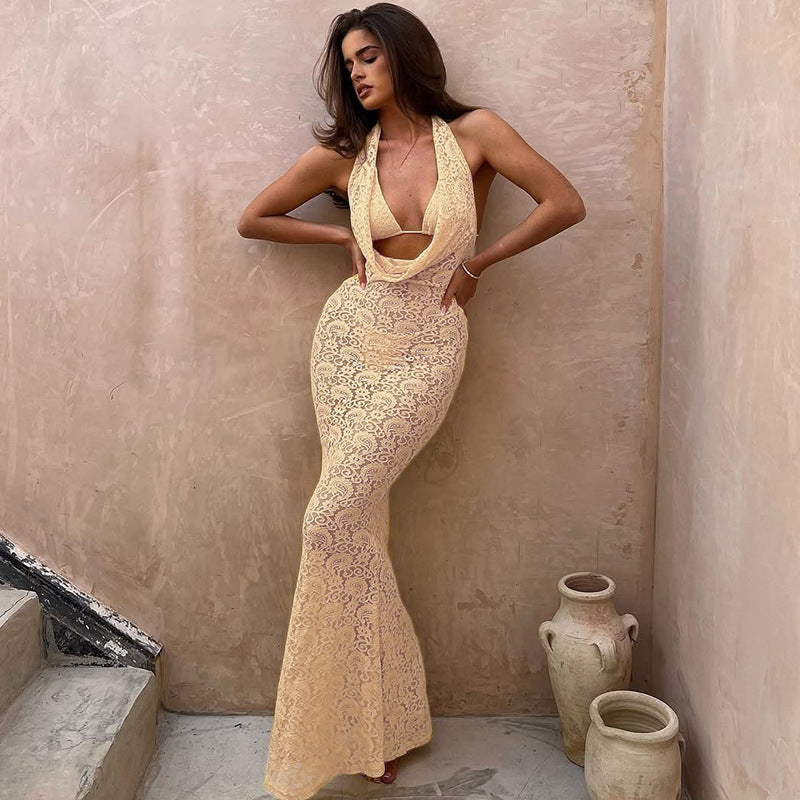 Women's Clothing Lace Lace-up V-neck Halter Dress