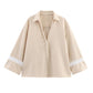 V-neck Cuff Patchwork Edge Shirt Elastic Waist Casual Trousers Suit