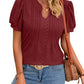 Solid Color V-neck Puff Short-sleeved T-shirt Fashion Summer Striped Hollow Design Loose T-shirt For Womens Clothing