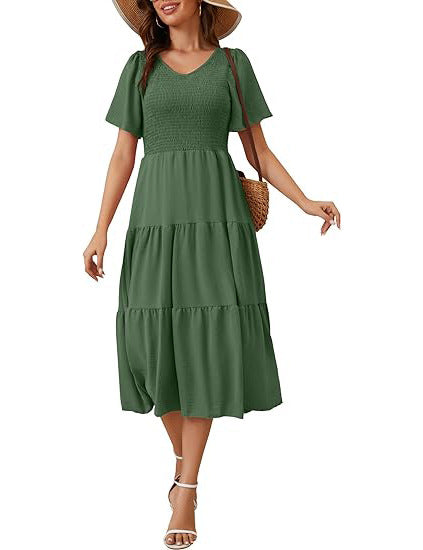 Spring Summer Short Sleeve V-Neck Ruffled Dress