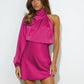 Womens Evening Gown Satin Long Sleeves One-shoulder Dress