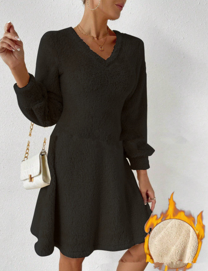 Women's Autumn And Winter Thickened Double-sided Plush V-neck Slimming Dress Pajamas