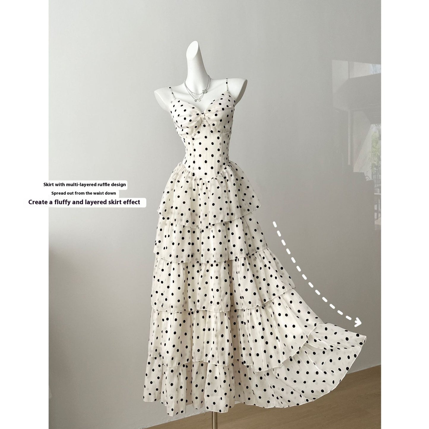 Vacation Gentle Polka-dot Cinched Slimming Sling Dress