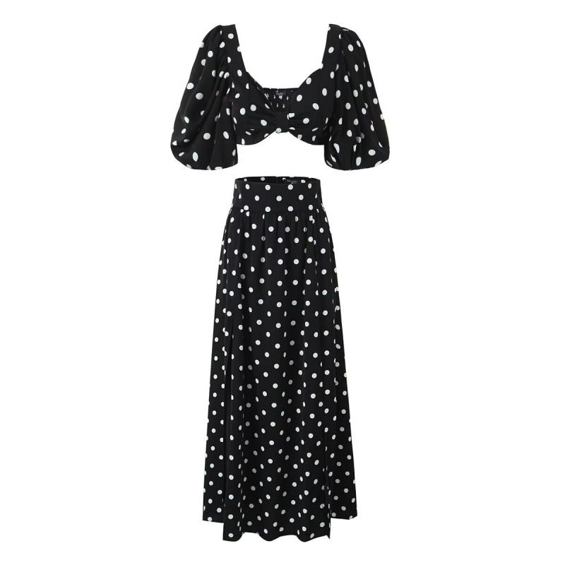 Seaside Vacation Polka Dot Split Top Mid-length Dress Set