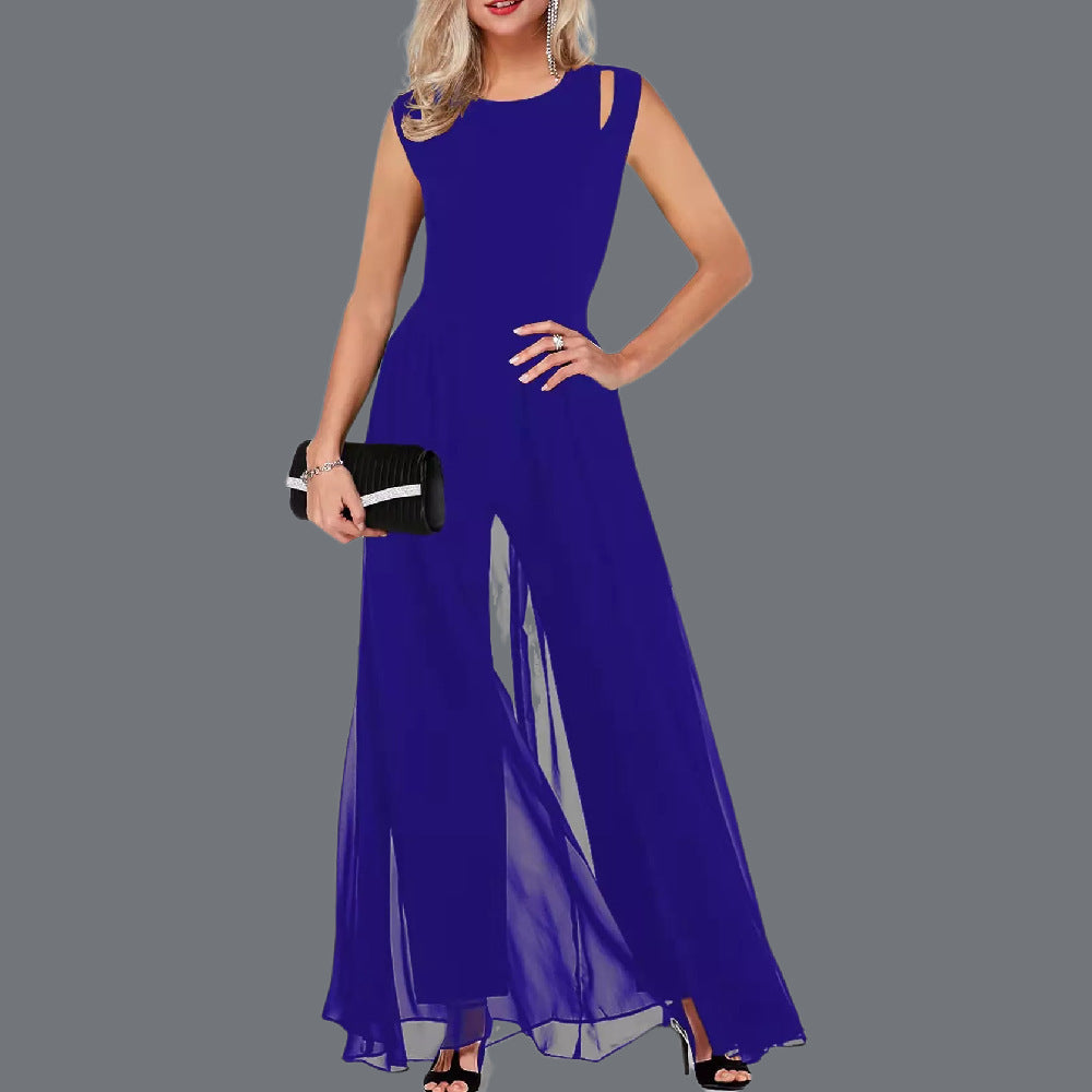 Women's Stitching One-piece Slim-fit Round Neck Sleeveless Solid Color Jumpsuit