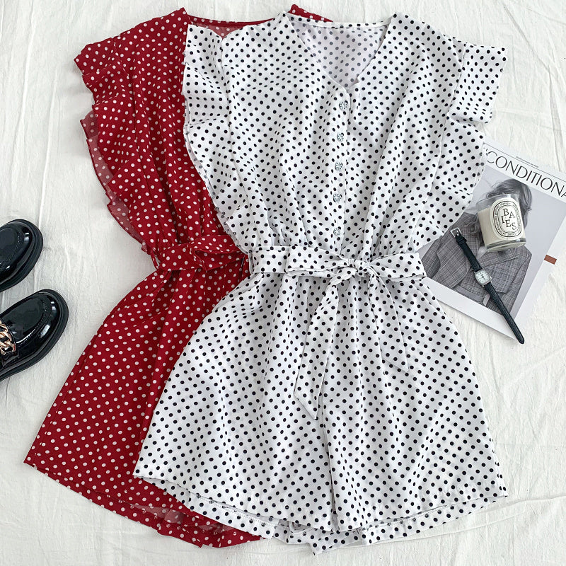 Versatile V Neck Polka Dot Flying Sleeves Lace Up Jumpsuit Wide Leg Pants Shorts