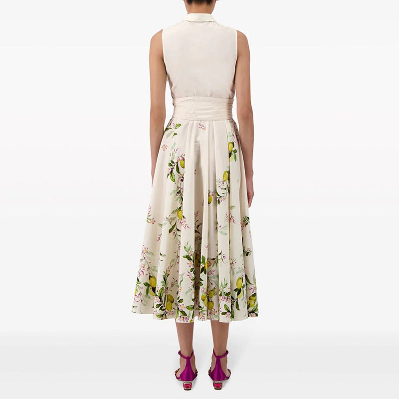 Robe rétro artistique sans manches à revers, imprimée, à lacets, taille ajustée, amincissante, pour femmes