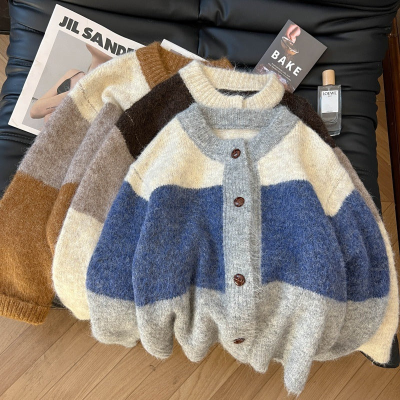 Manteau pull rayé de couleur contrastée style rétro