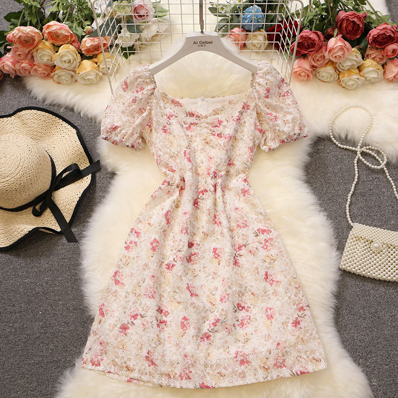 French Floral Dress Women's Tea Break Bellflower Skirt With Puff Sleeves