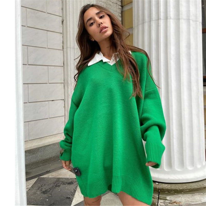 European And American Long-sleeved V-neck Casual Loose Knit Pullover