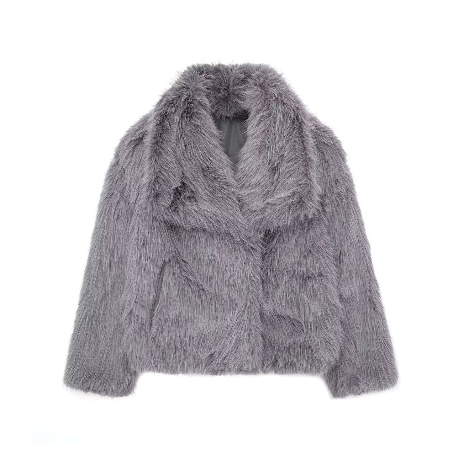 Cardigan à revers et manches longues en fausse fourrure pour femme, manteau court et ample
