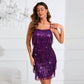 Robe de cocktail à bretelles pailletées et à pompons, robe de soirée, jupe courte