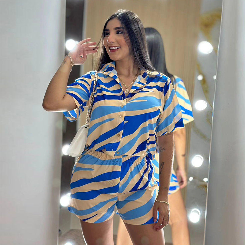 Ensemble chemise et short à manches courtes et revers pour femme, imprimé à la mode