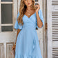V Neck Solid Color Waistband Ruffle Dress
