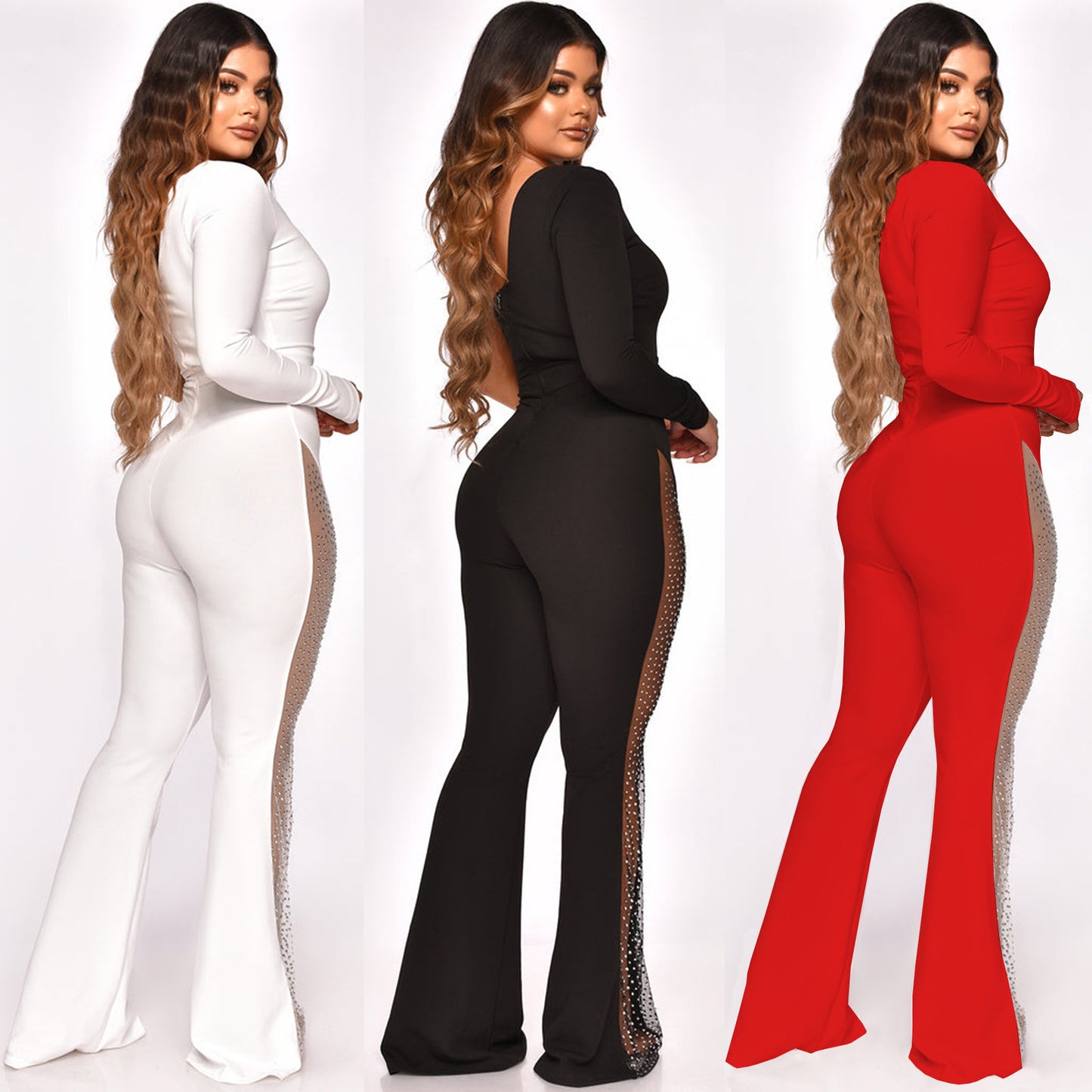 Fashion Mesh Patchwork Drilling Micro-pull Jumpsuit