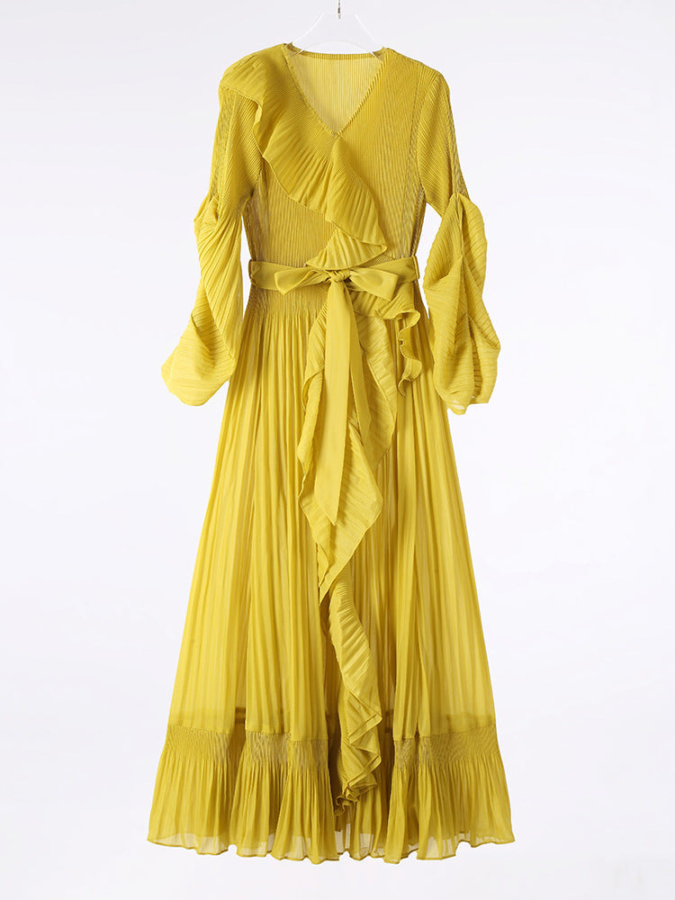 Women's Pleated New French Style Tied Dress