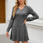 V-neck Pocket Sunken Stripe Brushed Long Sleeve Leisure Dress