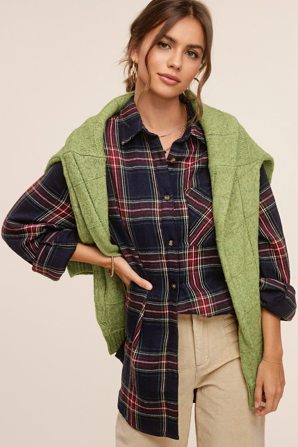 Women's Fashion Polo Collar Pocket Single-breasted Plaid Shirt