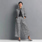 Notched Lapel Slim-fit Women's Long-sleeve Short Top With Wide-leg Pants Set