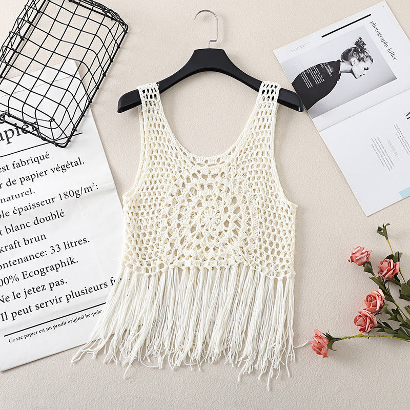 Retro Blouse Bohemian Hollow Knitted Short Ethnic Style Tassel Suspender Vest