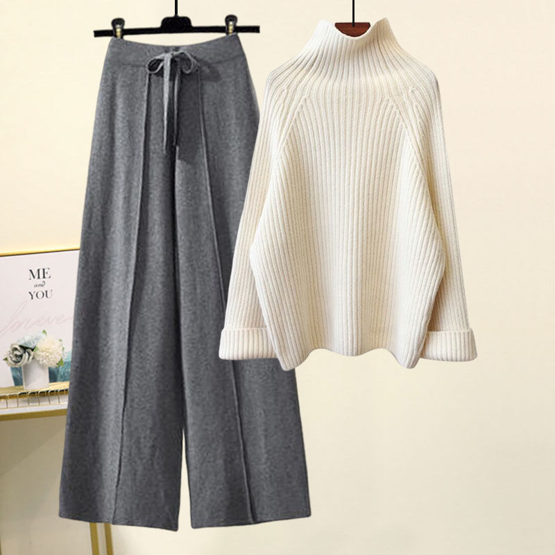 Sweater Lace-up Cropped Drooping Wide Leg Pants Suit