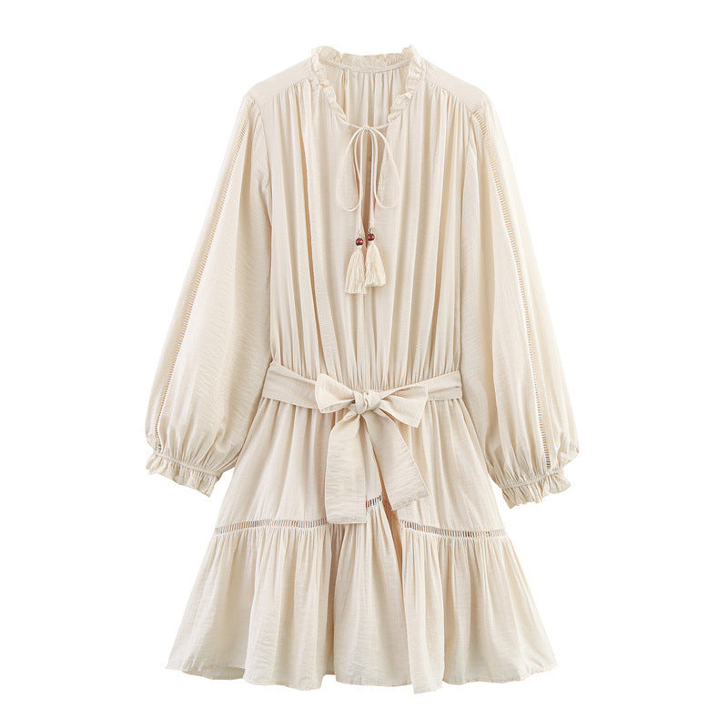 Elegant Slim-fit Wrinkle Effect Long Sleeve V-neck Dress