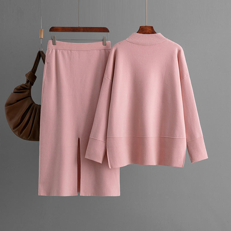 New FallWinter Solid-Color Turtleneck Sweater And Slit Bodycon Skirt Two-Piece Set