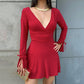 Valentine's Day Women's Solid-Color Deep V-Neck Long-Sleeve Drawstring Slim-Fit Dress