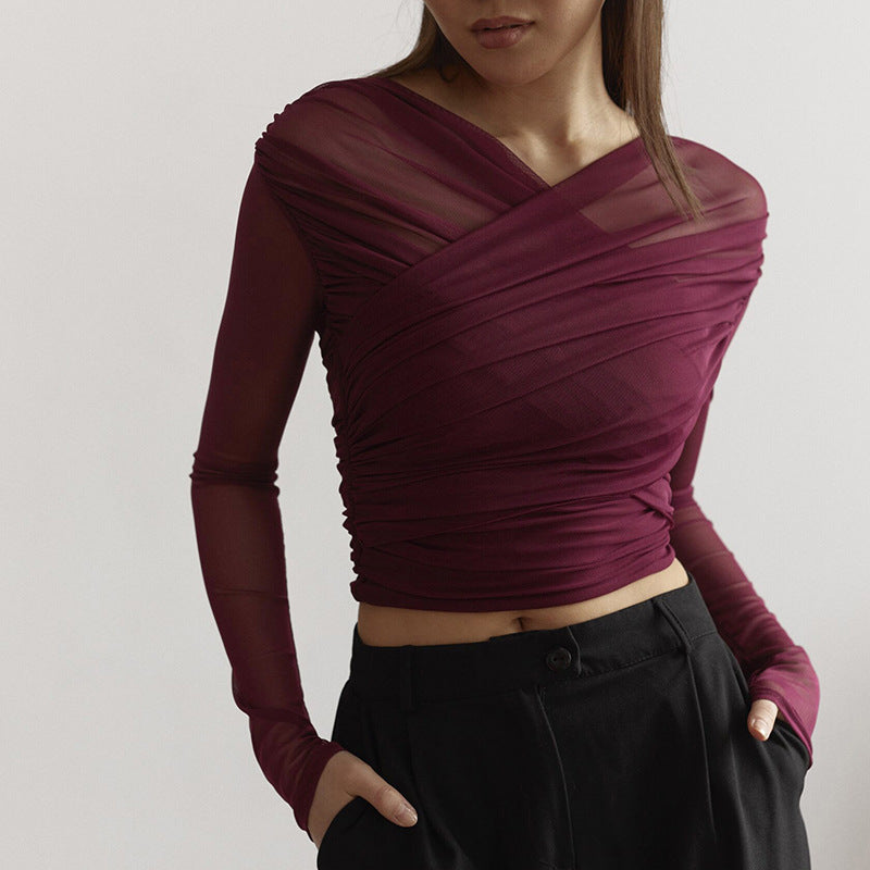 Women's Pleated Long-sleeved T-shirt Top
