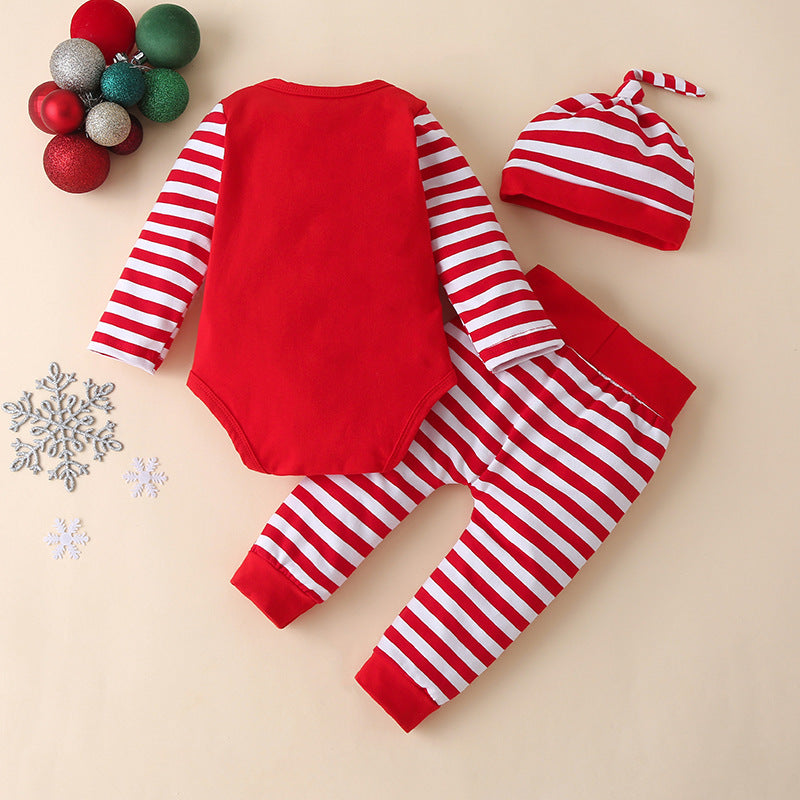 Christmas Print Striped Romper With Hat Three-piece Suit