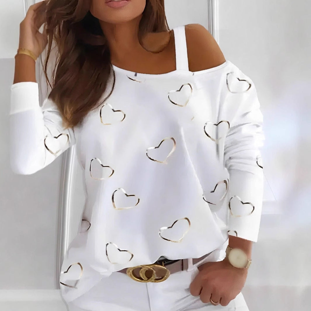 Heart Printing Women's Strapless Pullover Long Sleeve T-shirt