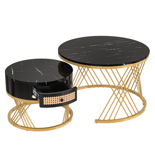 2 In 1 Round Coffee Table Made Of MDF With Marble Grain Veneer Top, Rattan Drawers And Solid Wood Handles. Gold Coloured Iron Legs. 70x70x45.5  50x50x38.5cm