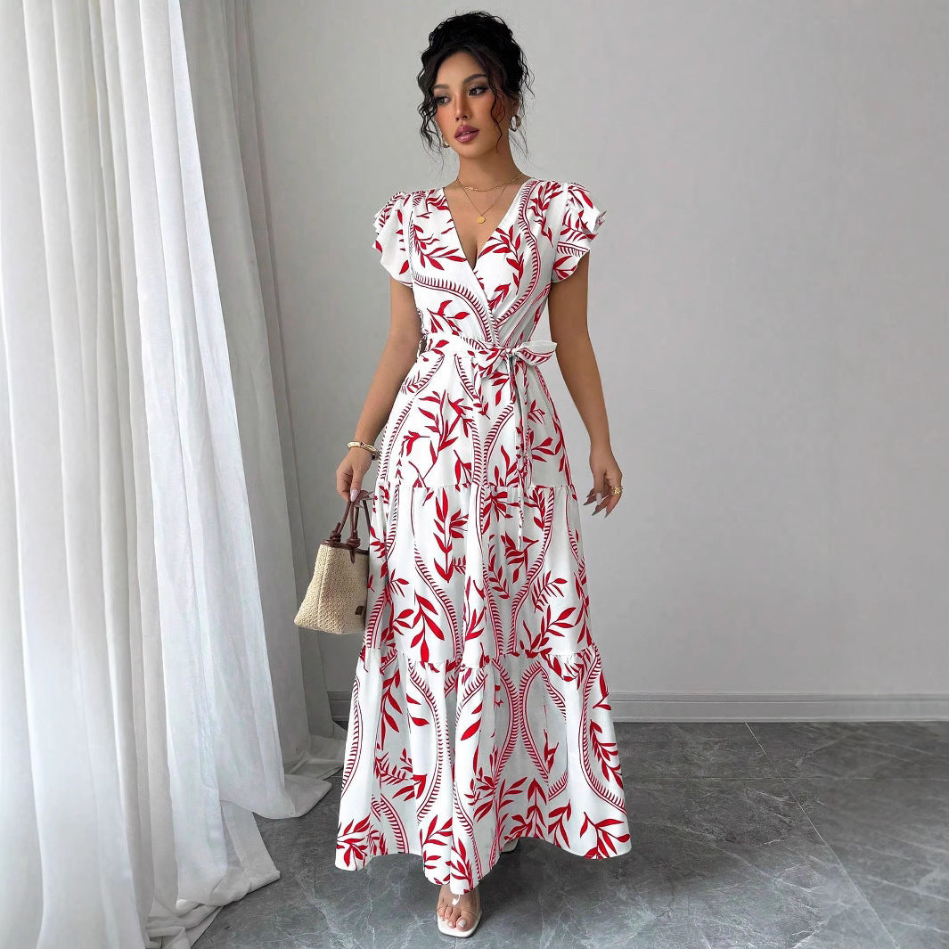 Lace-up Floral Short-sleeve Frilly Elegant A-line Skirt