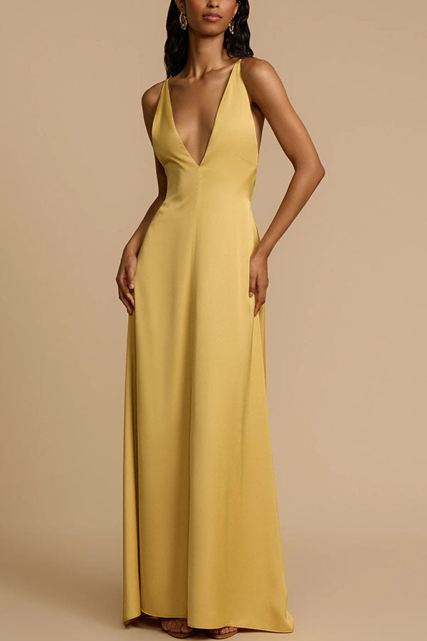 Women's Backless V-neck Satin Long Dress