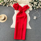 Robe taille haute à col incliné et manches bouffantes de style français
