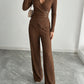 Womens Solid-Color V-Neck Cross-Over Long-Sleeve T-Shirt And Pants Set