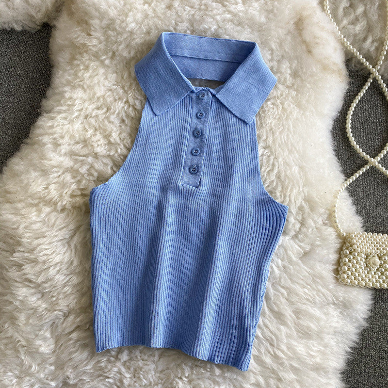 Pure Color Polo Collar Halter White Camisole