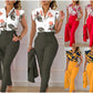 Ensemble haut et pantalon imprimé à manches volantées et ceinture, couleur unie